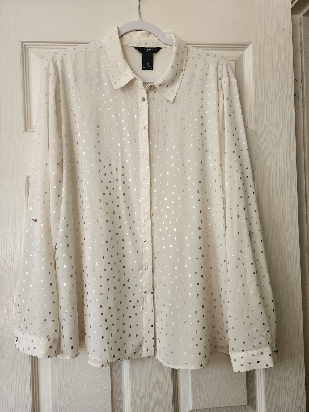 Investments II Cream Button-Down Blouse with Silver Dot Detail